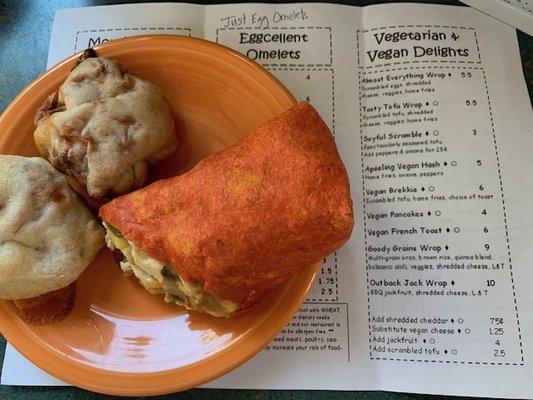 2 vegan pepperoni rolls and half a toful scramble wrap with vegan menu.