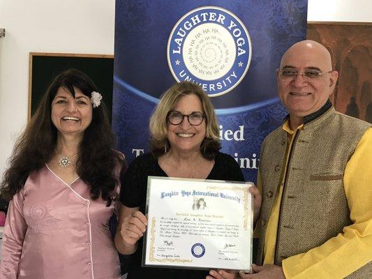 L-R Madhuri Kataria, Lisa Berman and Dr Madan Kataria, founder of Laughter Yoga at Graduation Ceremony