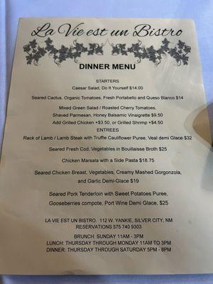 Dinner menu