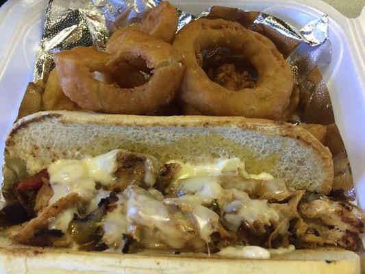 Chicken Philly combo with onion rings.