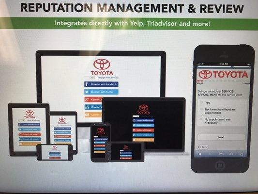 Strategizing to implement the smart wifi marketing platform for Toyota. The beauty is that it integrates with Yelp and other platforms.