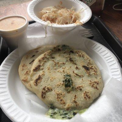 Spinach and cheese & chicken and cheese pupusas with a side of picketed cabbage and salsa :p