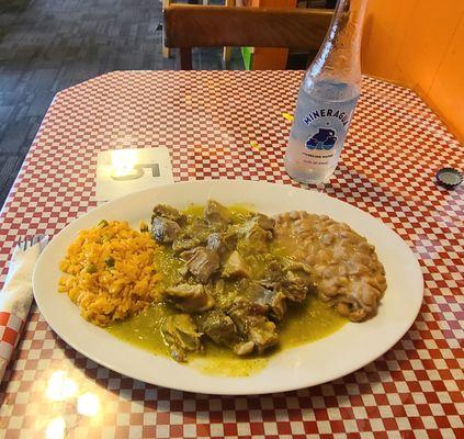 Pork with Verde sauce, rice and beans, excellent!