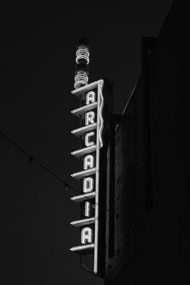 Art Deco Arcadia neon blade sign. This sign replaced its original 1926 street sign in the late 40's, and has now been moved to the back deck