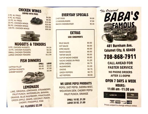 Menu. BABA'S Steak & Lemonade.Calumet City.IL Philly Beef Chicken Sandwiches Tacos Gyros Burgers HotDogs Salads & Lemonades!