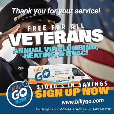 We're honored to give back to our military veterans! A free VIP annual membership to all veterans.

https://www.billygo.com/save-big