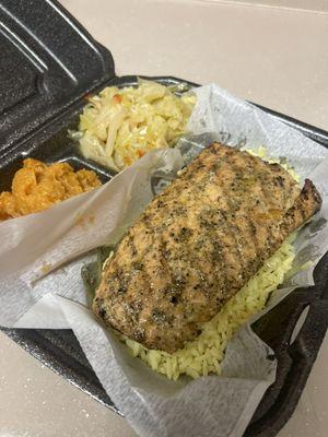 Grilled Salmon over rice , Cabbage, Sweet Potato Soufflé