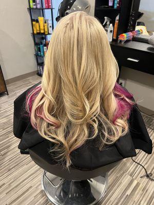 Warm blonde with peekaboo's of pink.