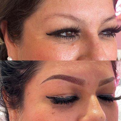 Before and after ombré powder brows by Yazmin.  Shape and color as per client request.