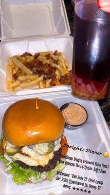 Chimichurri Burger, loaded fries, and Rose Hibiscus Drink w/Lychee Jelly