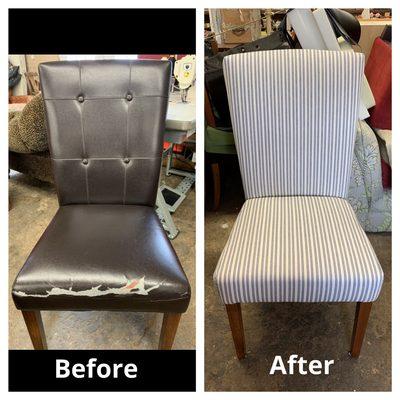 One of four reupholstered dining room chairs