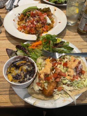 Fish tacos and tater tot nachos