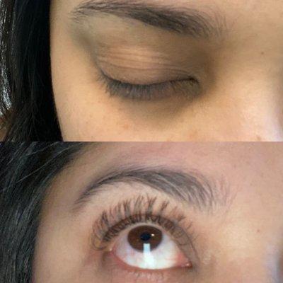 My eyelashes before in top and after in bottom