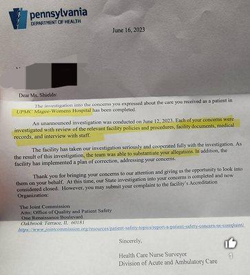 Letter from the health department