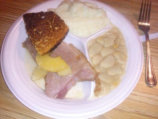 Ham mashed potatoes butter beans and corn bread can be found on our daily special some days