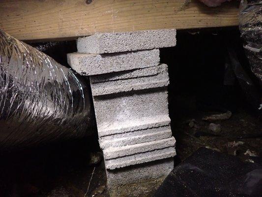 Improper supports in the crawlspace.