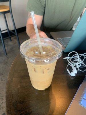 Iced oat milk latte with Carmel!