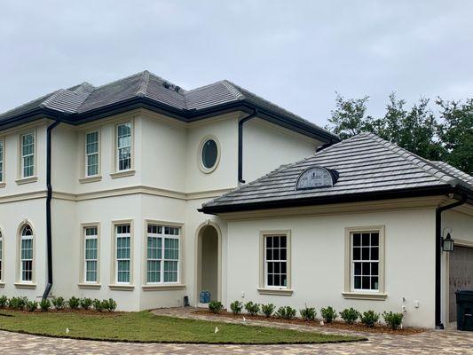 New home in Tampa we custom crafted seamless gutters and downspouts for on site