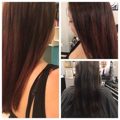 Black box dye project #1 : warm brown roots with a pretty subtle red toned balayage done by Amy