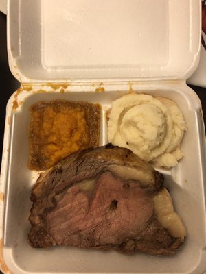 Prime rib with mashed potato and butternut squash