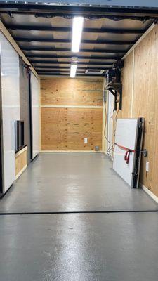 Interior of 6x12 stage trailer with 110 volt package.