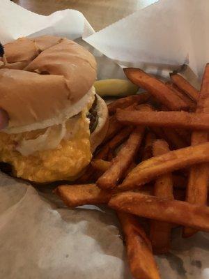 The Southern Burger with sweet potato fries.