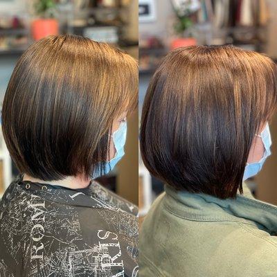 One row of IBE hand tied extensions to fill out this bob and give volume.