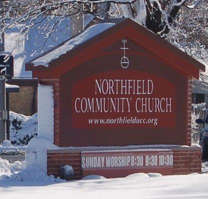 Northfield Community Church sign at the corner of Wagner Road and Willow Road