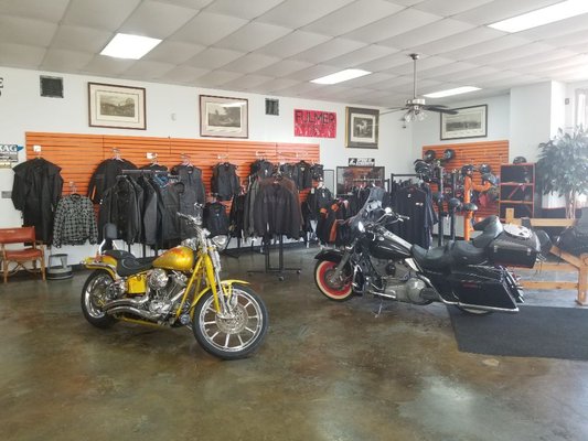 Our leather selection, helmets, and a few bikes.