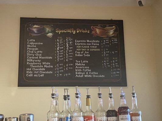 Coffee options and prices on menu