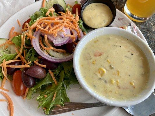 Corn soup and house salad with honey mustard dressing