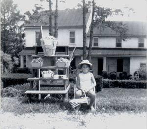 The beginning roadside stand in 1967 with Megan Shaub and her  American flag selling green beans by the side of the road.