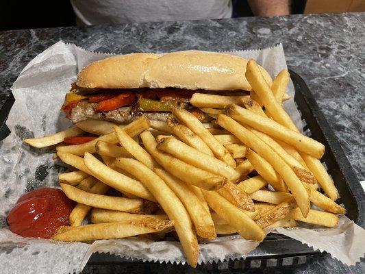 Sausage sandwich and fries