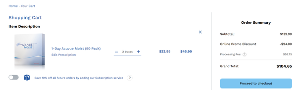 "Processing fee" doubles the price of the contacts. This is so they can advertise a fake lower price on search results