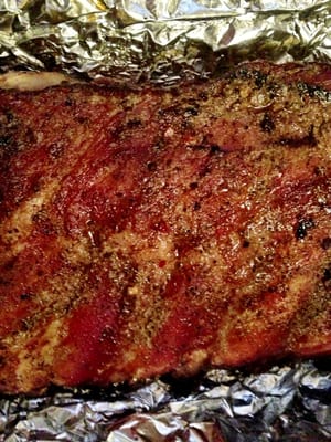 Close up of ribs, done with a simple salt and pepper run. Great smokey flavor.