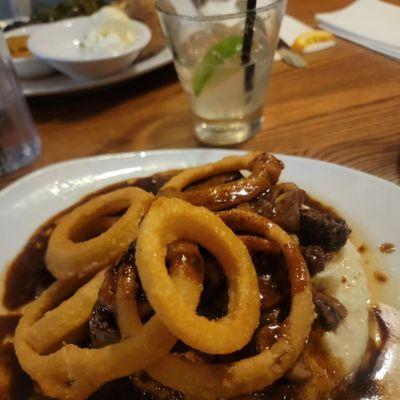 Braised Short Ribs with Mashed Potatoes, Onion, Pepper, and Onion Rings