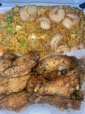 fried rice with shrimp and veggies, honey garlic pepper wings