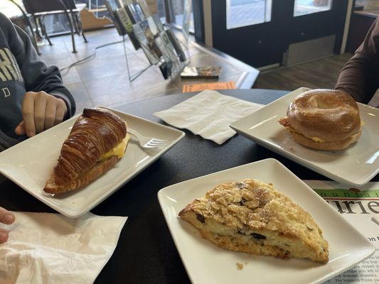 Croissant and Bagel breakfast sandwiches plus scone