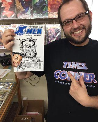 The owner (Jared) and his awesome "Draw me Bill" commission.