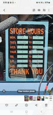 Their hours posted in their window