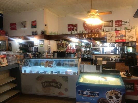 Soda fountain with ice cream, hush puppies and pickles