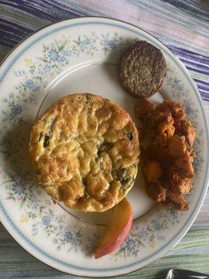 Quiche Lorraine, sweet potatoes hash browns, and sausage