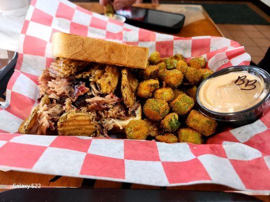 Fried pickle pork sandwich with fried okra