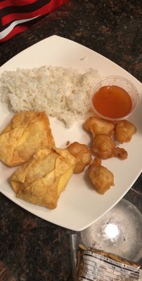 Cheese puffs and sweet and sour chicken