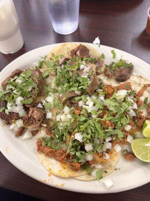 Two pastor, one carnitas, one barbacoa