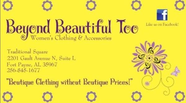 Boutique Clothing without Boutique Prices!! Get 10 hole punches on your card your 11th item FREE!! See store fore details!