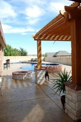 Swimming pool, spa, waterfall, fire pit, pergola