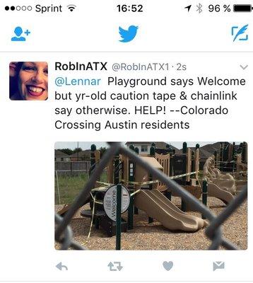 Sunbleached caution tape, faded/eroded mulch on the ground tell you how long it's been like this and not one child has set foot on it.