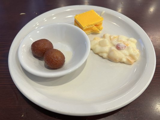 Bengali Gulab Jamun, mango cake, fruit salad