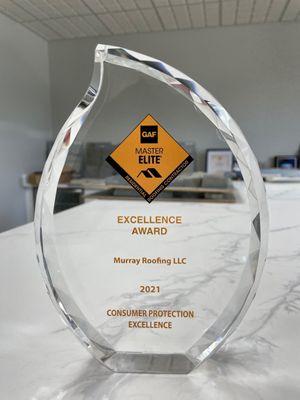 Excellence Award from GAF. The largest roofing manufacturer in North America.